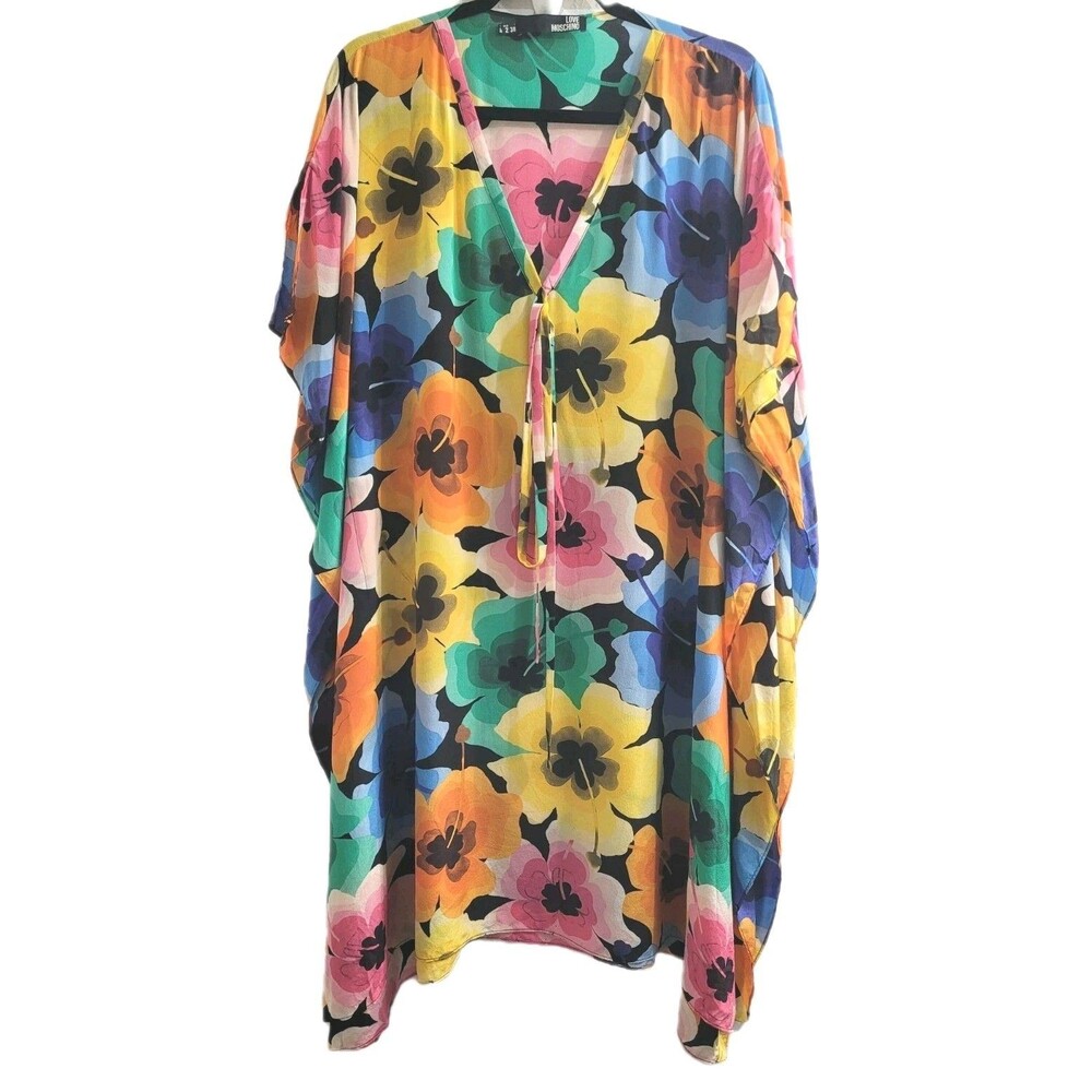 Love Moschino 100% Silk Floral Kaftan Tunic Dress Size 2 US V-Neck Multicolor